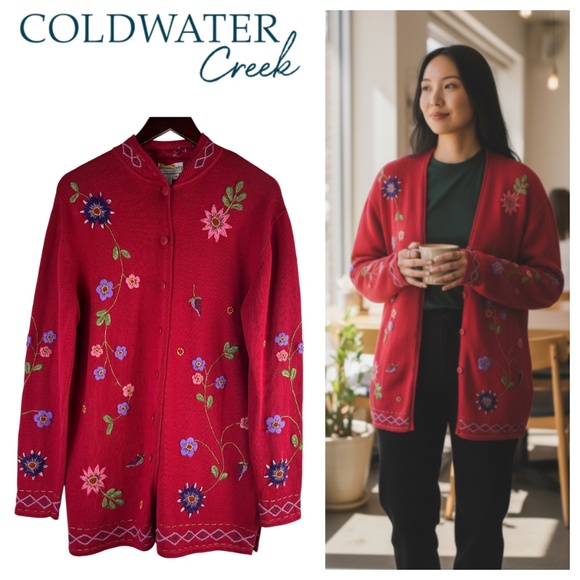 Coldwater Creek Cardigan Sweater Sz Medium Floral Embroidered Cottagecore Red - Picture 1 of 5